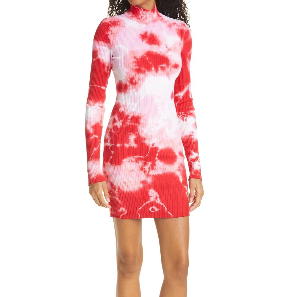 Cotton Citizen Ibiza Mini Dress Red Pink White Tie Dye Mock Neck Ribbed SZ S
